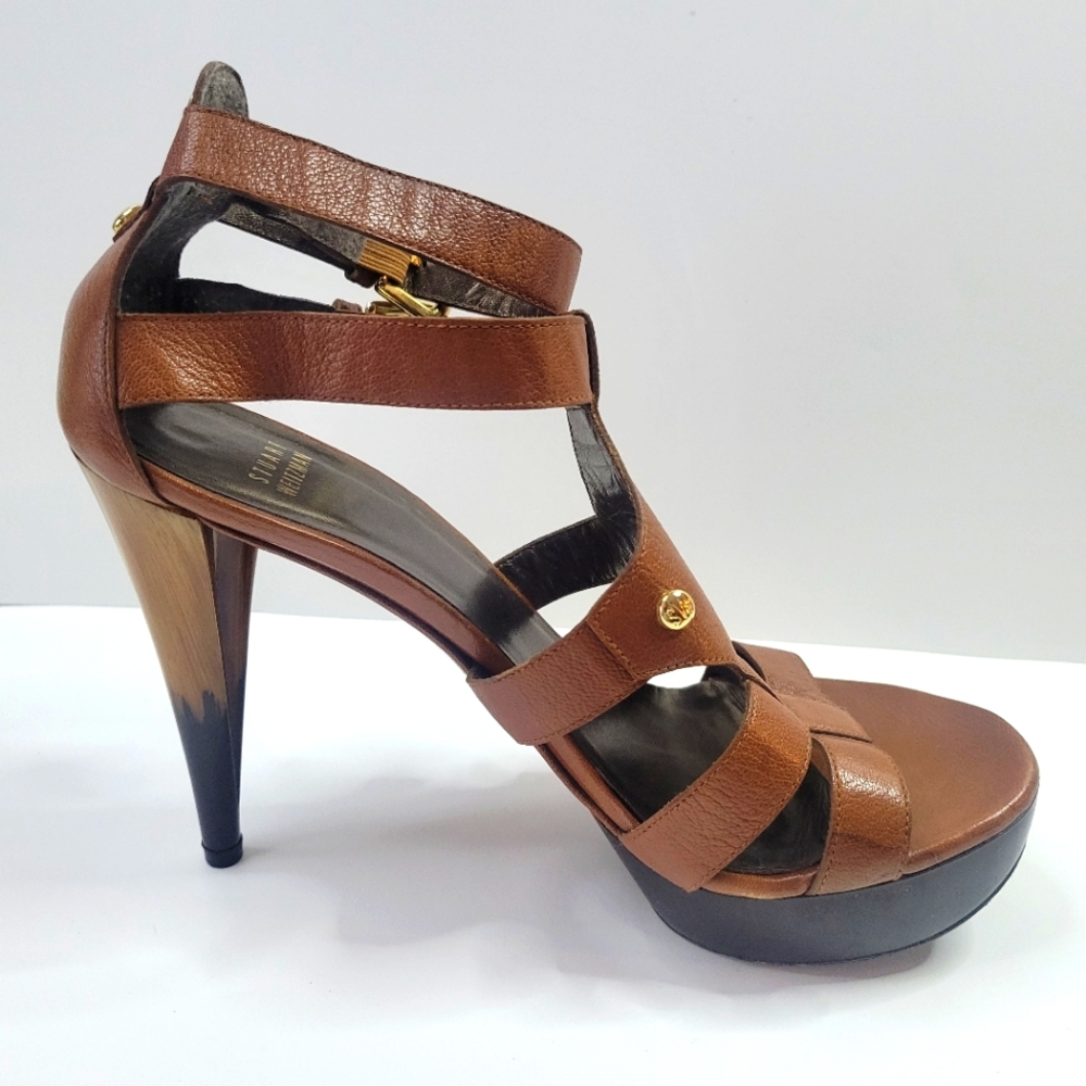 Stuart Weitzman Size 8.5 Brown Strappy Stiletto Shoes Buckle Platform Ombre Heel